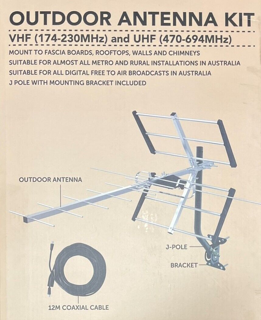 Outdoor VHF UHF TV Antenna with J Pole Mounting Bracket and 12m Coaxial Cable