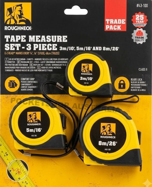3pcs Set - Roughneck E-Z Read Measuring Tape Measure 3M, 5M And 8M Trade Tool