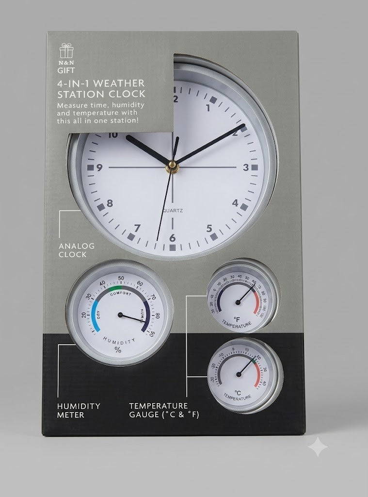 4-in-1  Weather Station Clock Analog Time Humidity Meter Temperature Gauge