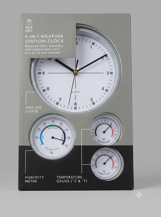 4-in-1  Weather Station Clock Analog Time Humidity Meter Temperature Gauge