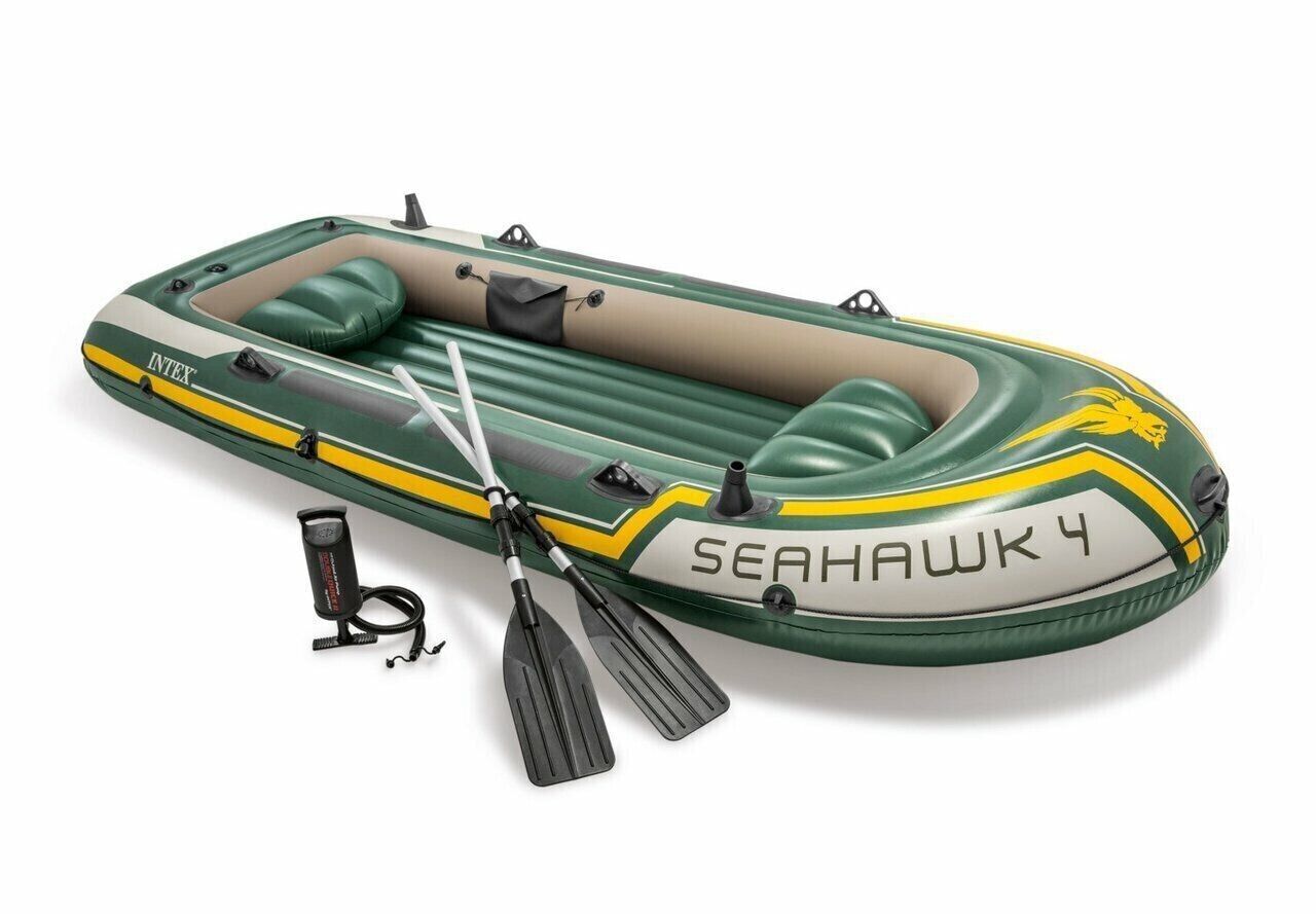 Intex Seahawk Inflatable 4 Person Boat Set Fishing Water Boating Pump Paddle Oar