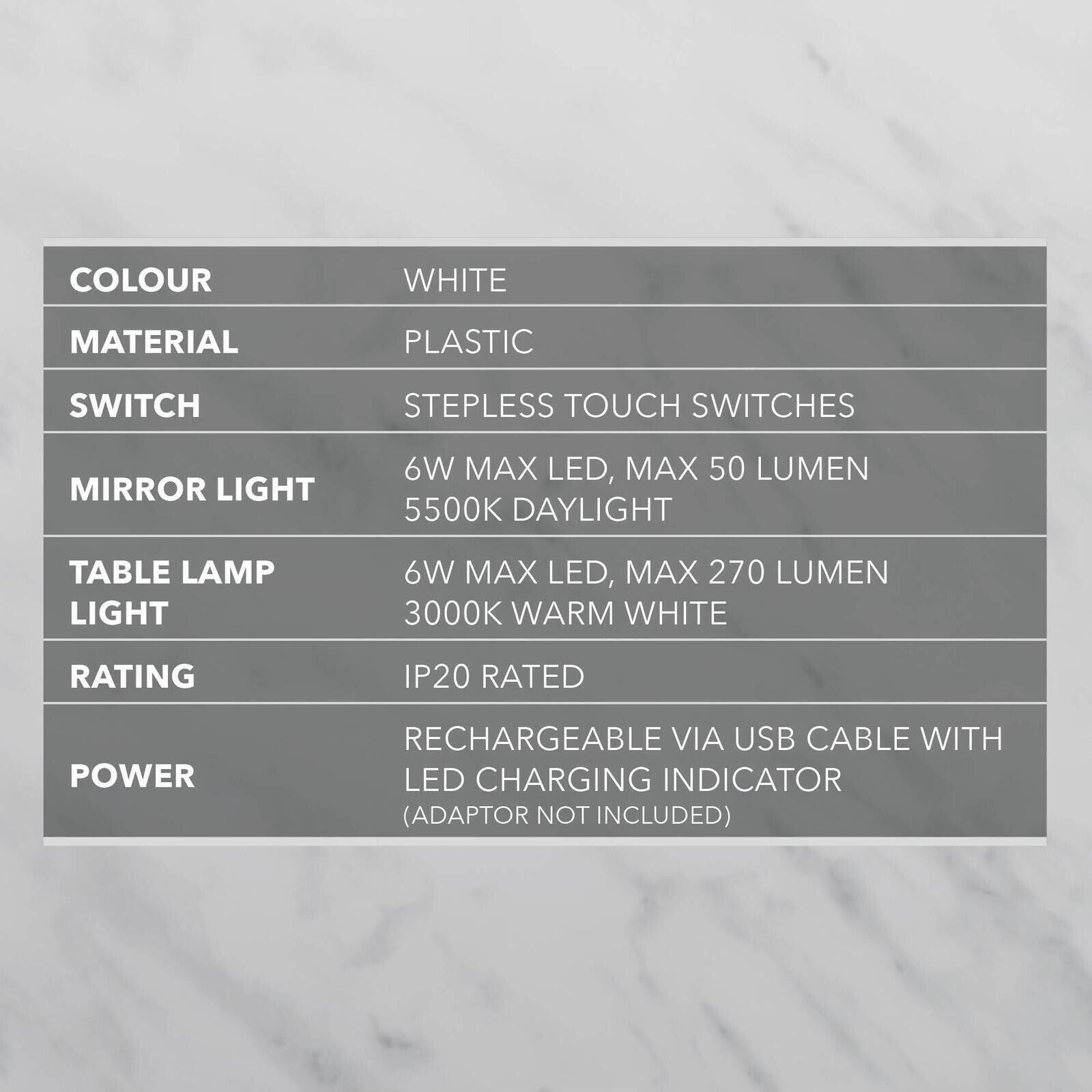 Verve Design Bella Rechargeable Mirror Light Table Lamp Light 3000K Warm White