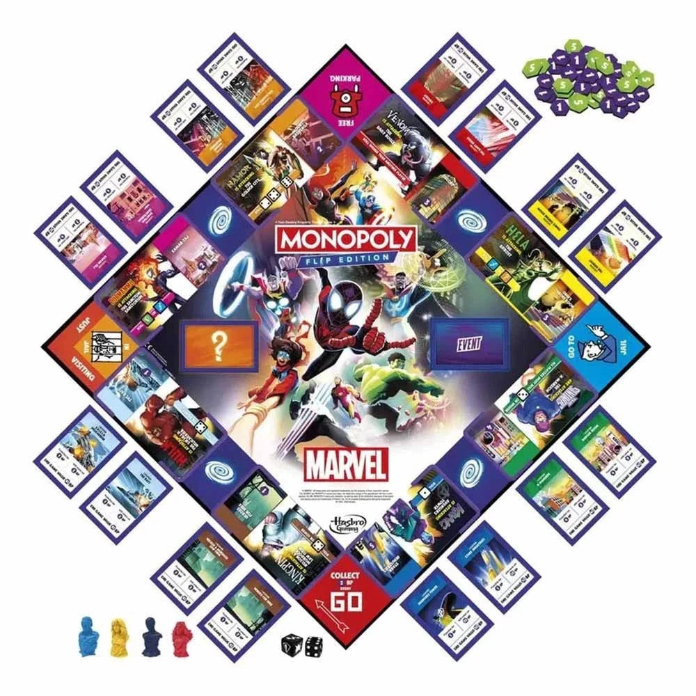 Monopoly Marvel Flip Edition Board Game Captain America, Ms. Marvel, Spider-Man