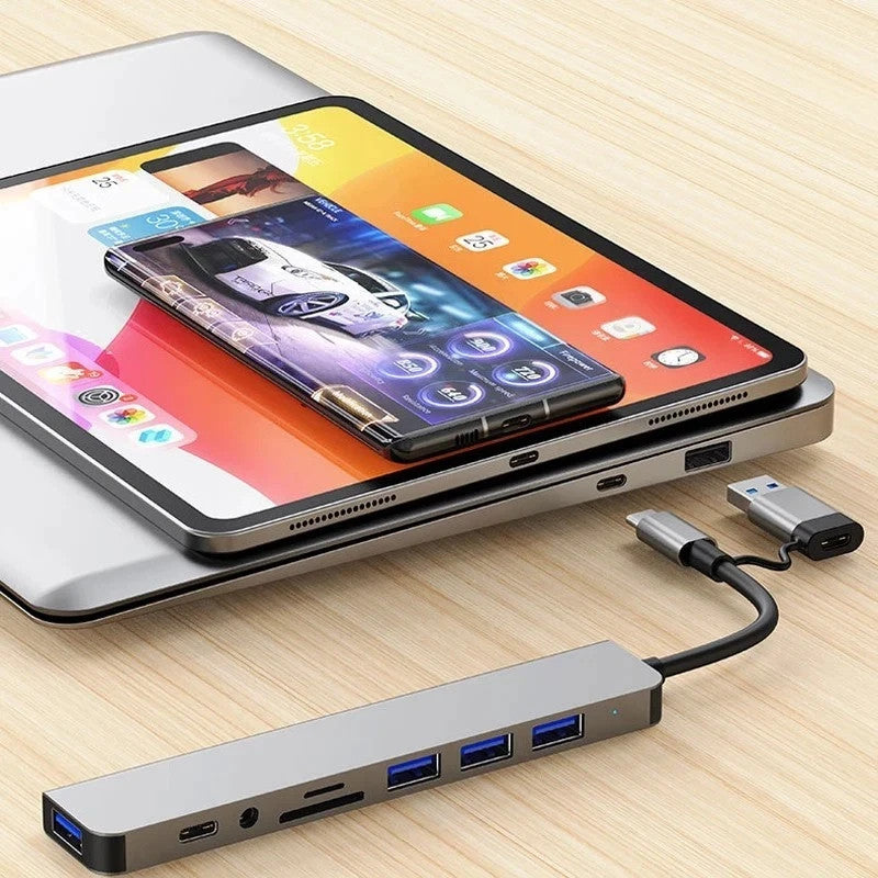 8 in 2 USB A + Type C HUB Docking Station with 3.5mm Audio Jack Adapter Micro SD