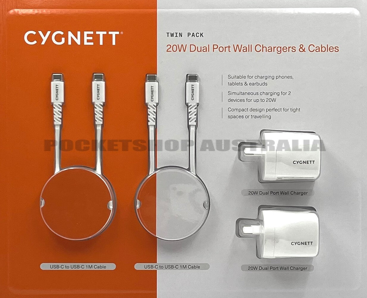 Cygnett 20W USB-C USB-A Dual Port Wall Charger Optional USB-C 1M Cable