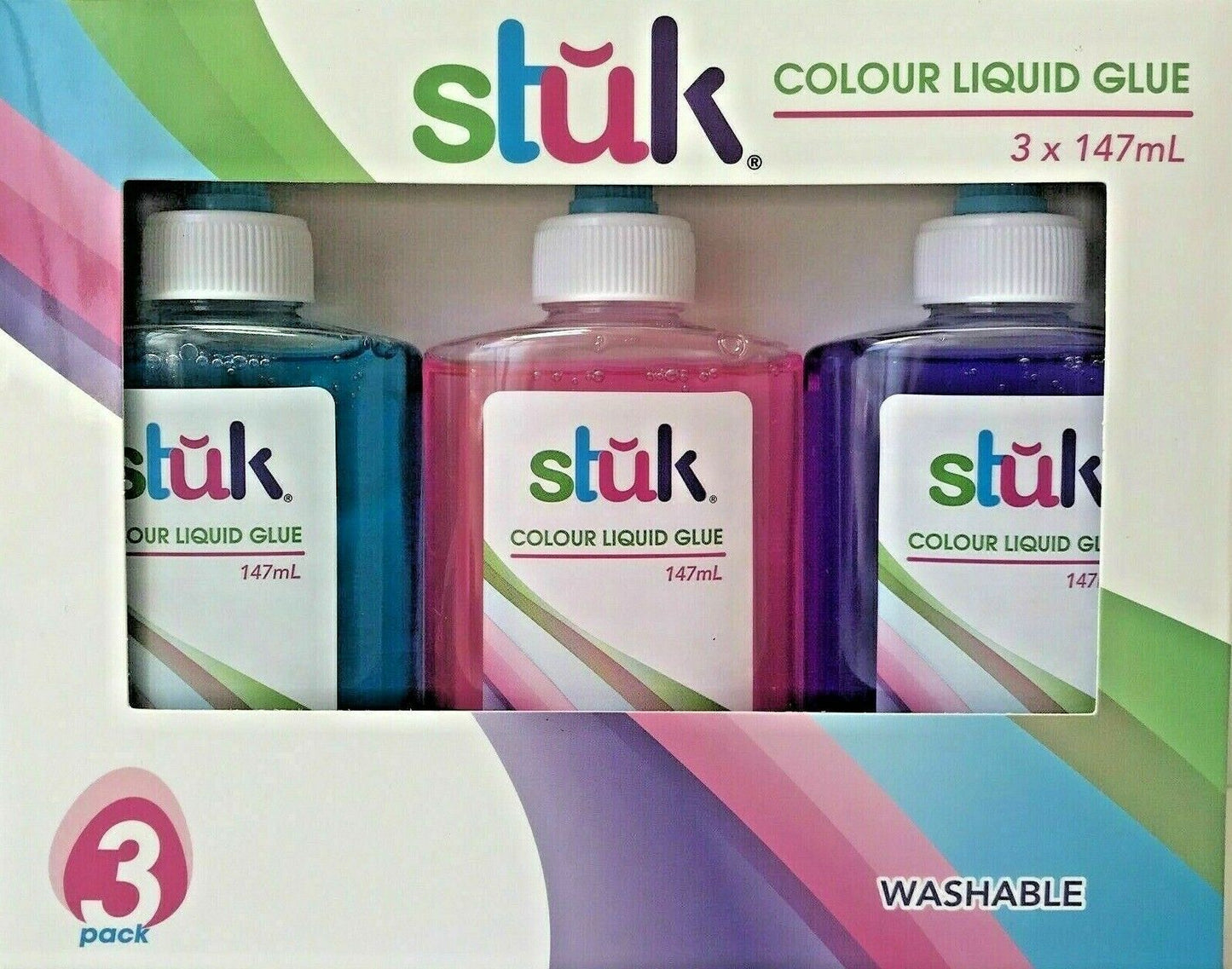 Stuk Colour Liquid Craft Glue - Blue + Pink + Purple (3 Bottle Pack) School Home