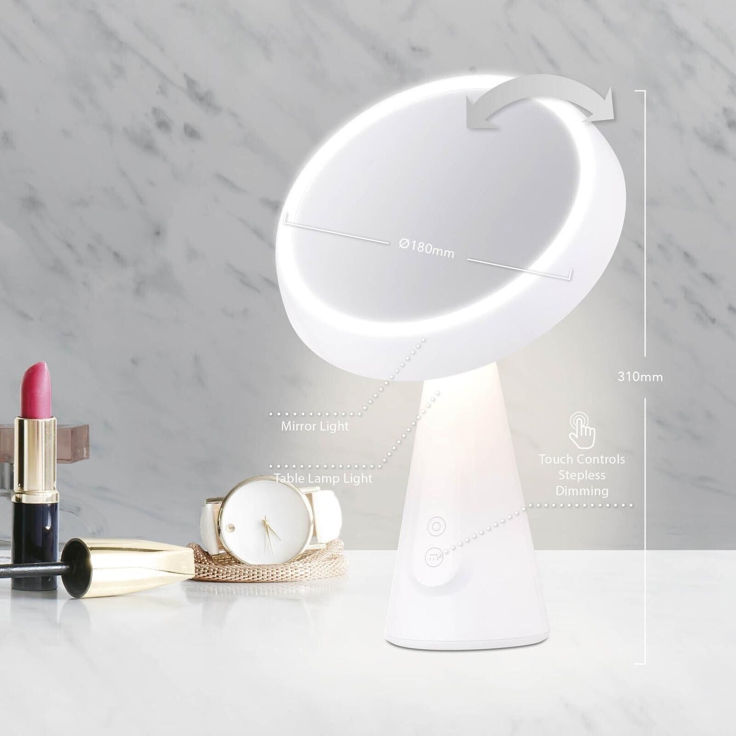 Verve Design Bella Rechargeable Mirror Light Table Lamp Light 3000K Warm White