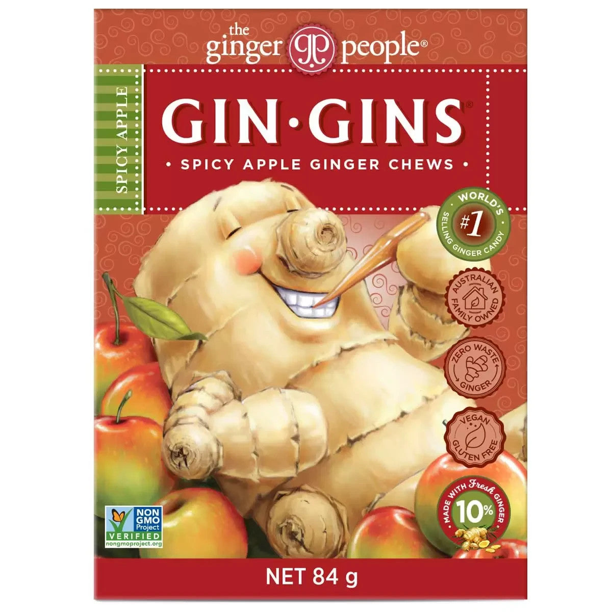 Gin Gins Spicy Apple Ginger Chews Candy 12 x 84g New