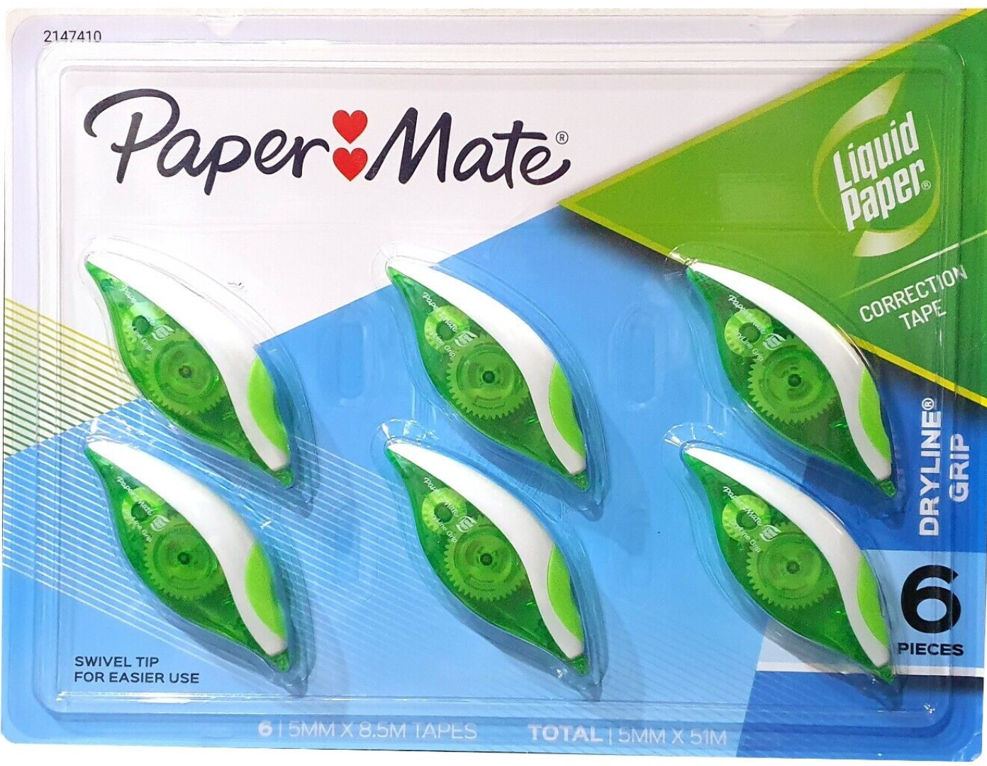6 x Paper Mate Liquid Paper Correction Tape Dryline Grip 5mm x 8.5m Swivel Tip