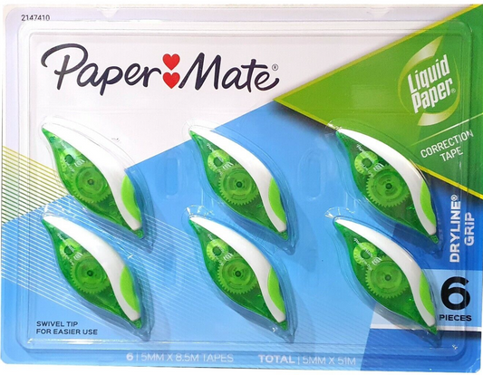 6 x Paper Mate Liquid Paper Correction Tape Dryline Grip 5mm x 8.5m Swivel Tip