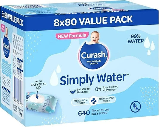 Curash Simply Water Baby Wipes 8 X 80 Value Pack