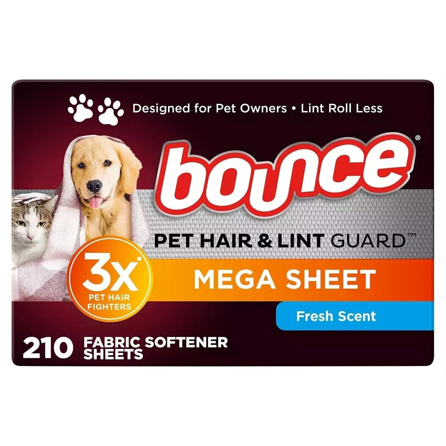 Bounce Pet Hair & Lint Guard Mega Dryer Sheets Fresh Scent 210 Count(3x70)