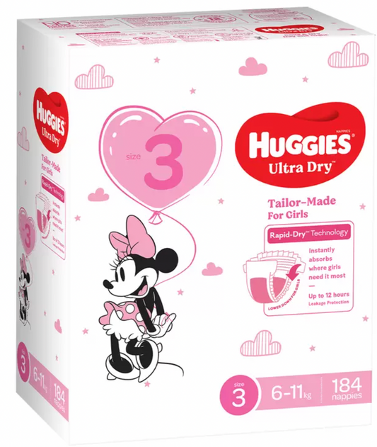 Huggies Girls' Ultra Dry Nappies Size 3 Crawler (6-11kg) 184 Nappies