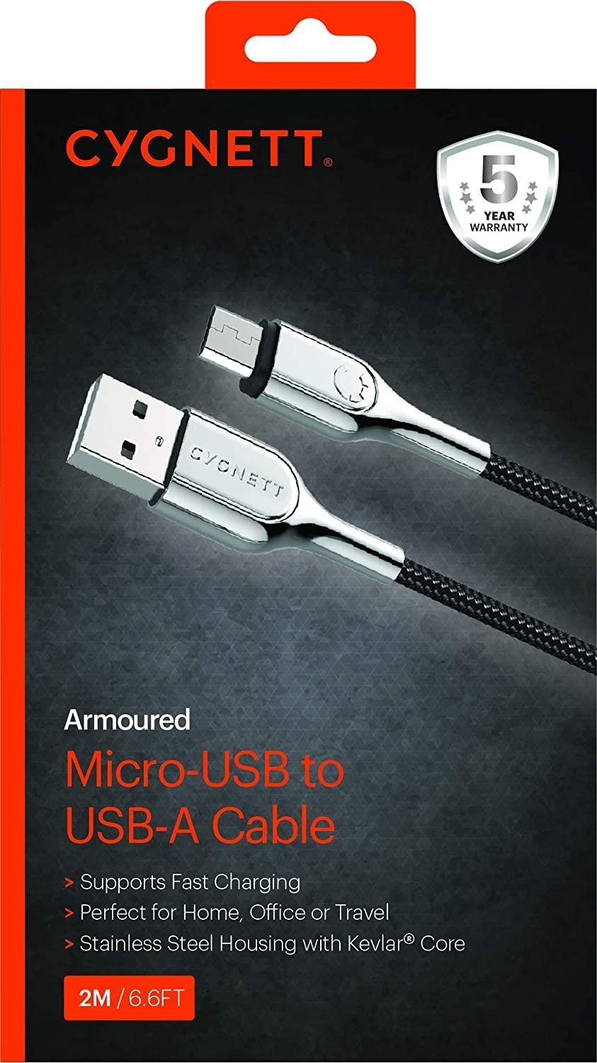 Cygnett 2-Metre Armoured 2M Micro B to USB-A Fast Charge 12W Cable in Black