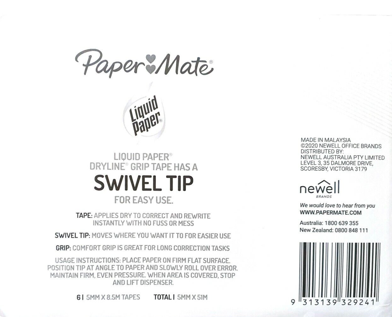 6 x Paper Mate Liquid Paper Correction Tape Dryline Grip 5mm x 8.5m Swivel Tip