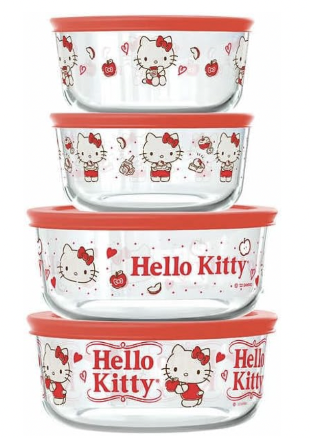 Disney 100 Mickey Mouse Sanrio Hello Kitty Pyrex 4 Glass Storage Set + 4 Lids