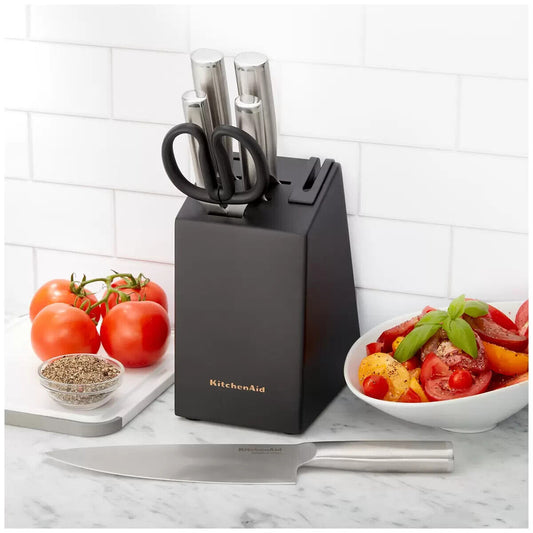 KitchenAid 7-Piece Birchwood Knife Block Set Built-In Sharpener Forged Stainless