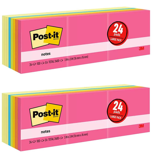 2x 24 Packs 3M POST IT Notes Super Sticky Pads x 100 Sheets 2400 Sheets Colours