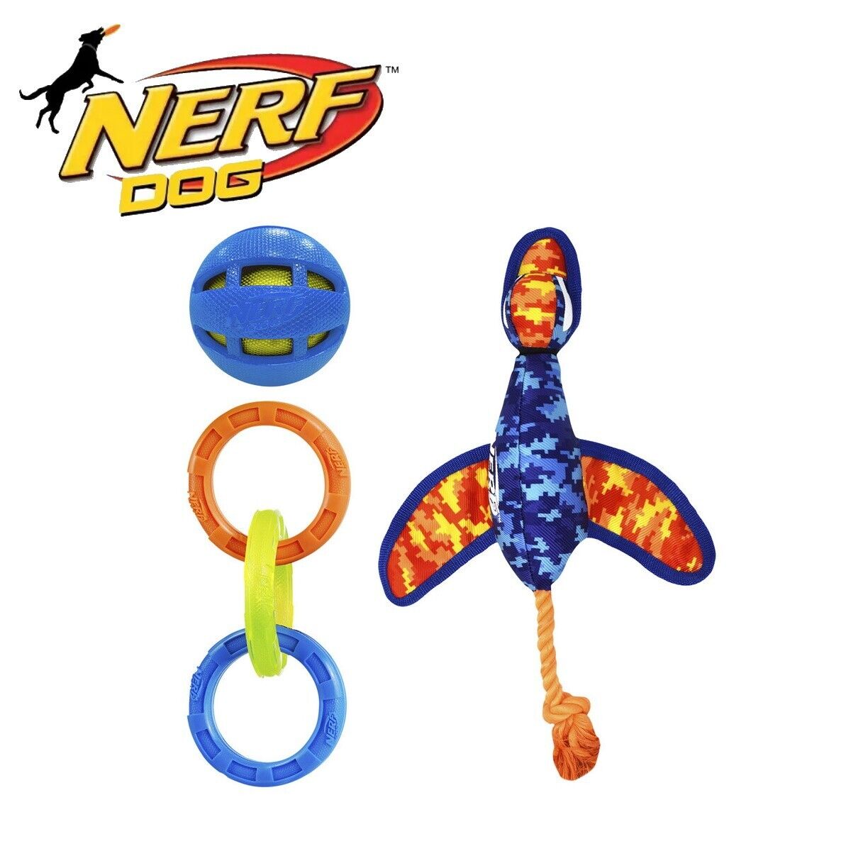 Nerf Dog Pet 3 Toy Set Trackshot Duck Shooting Launcher Bow Arrow Plush Chewing