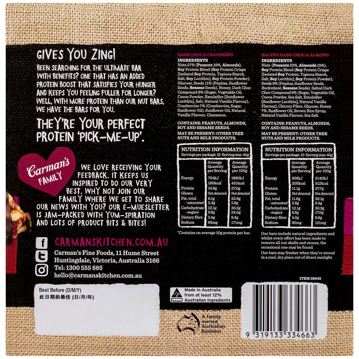 Carmans Gourmet Protein Bars 20x 40G Salted Dark Choc Almond Cranberry Assorted