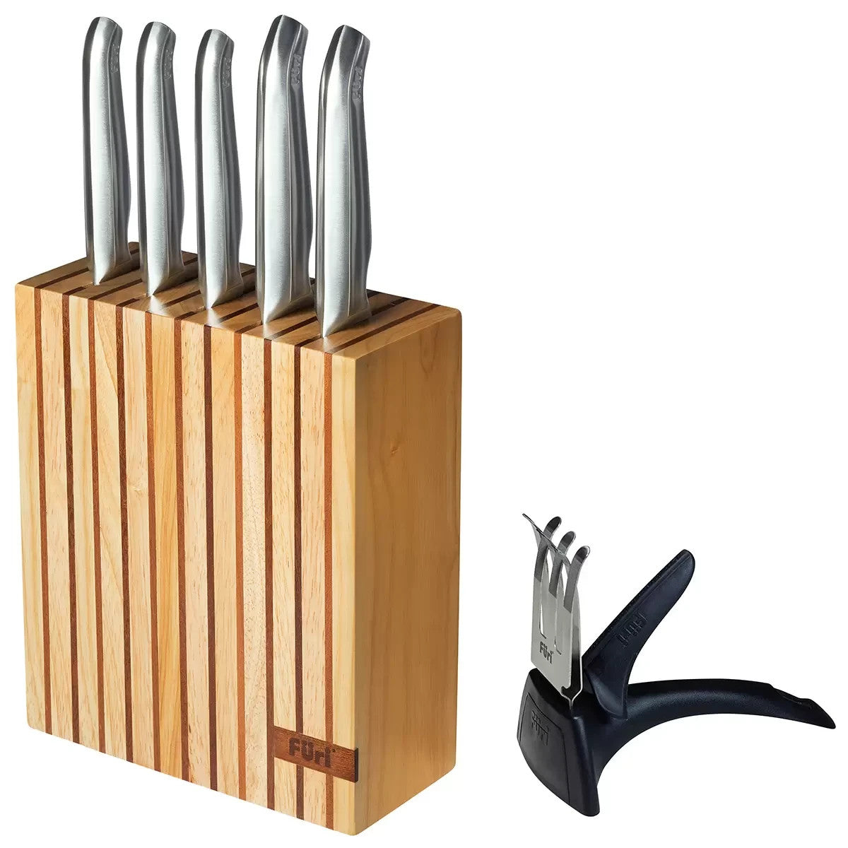 Furi Pro Wooden Knife Block Set 7 Pc with Five Premium Knives and Sharpener