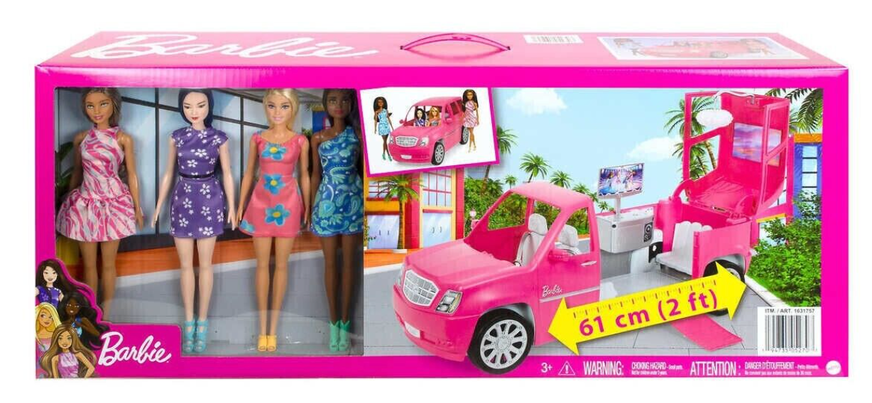 Barbie Doll Set Pink Transforming Limo Party 4 Barbies Birthday Christmas party