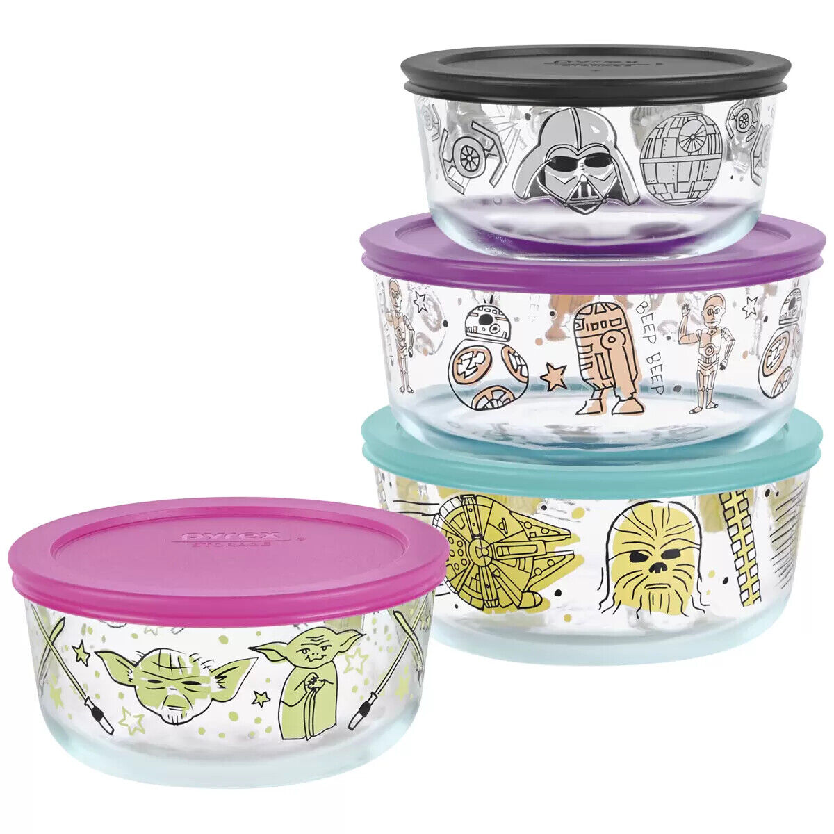 Disney 100 Mickey Mouse Sanrio Hello Kitty Pyrex 4 Glass Storage Set + 4 Lids