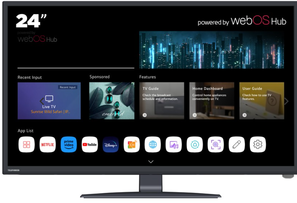 Telefunken 24'' HD TV with WebOS Hub + Built-in DVD Player + 12V Adaptor