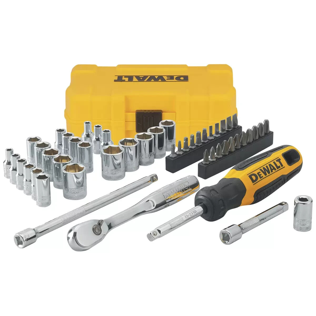 50 Piece DeWALT Socket Set Tools All Size Kit Spinner Handle Ratchet Polished