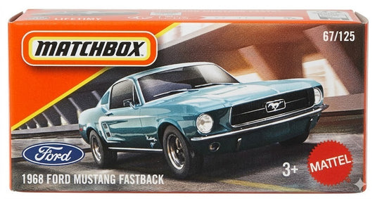 MATCHBOX POWER GRAB - 67/125 - 1968 FORD MUSTANG FASTBACK BLUE - NEW
