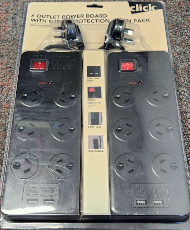 6 Outlet Power Board With Power Surge Protection Twin Pack Dual USB Charging