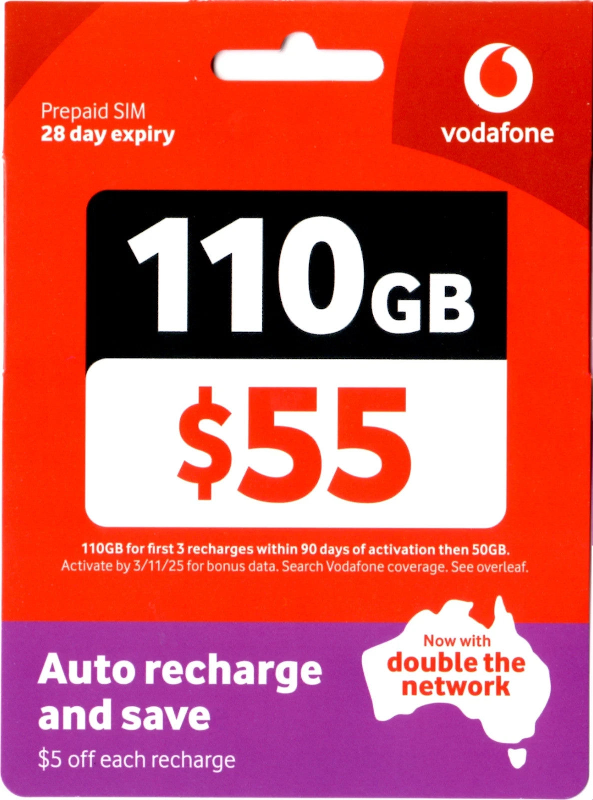 Vodafone Pre-Paid Starter Pack $55 Trio SIM Card NEW
