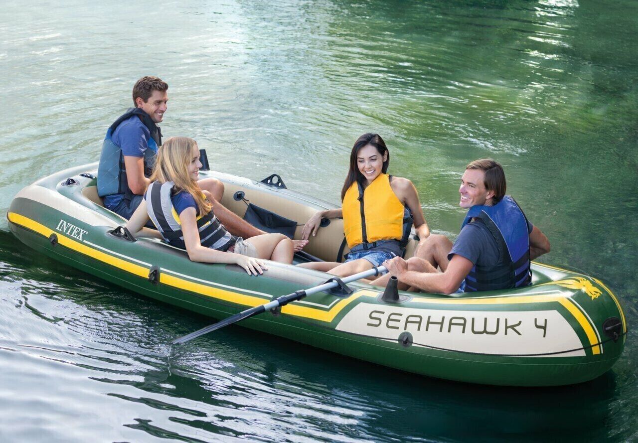 Intex Seahawk Inflatable 4 Person Boat Set Fishing Water Boating Pump Paddle Oar