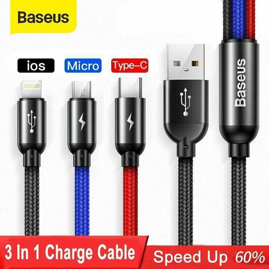2x/1x Baseus 3 in 1 USB Fast Charging Cable 3.5A Charge Cord for iPhone Android