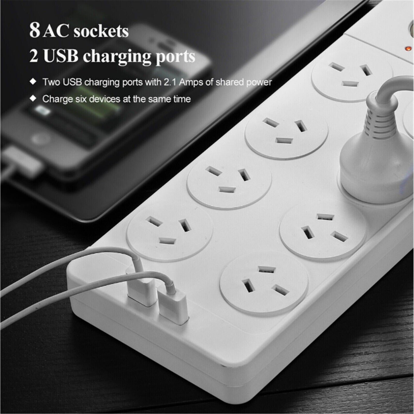 Huntkey SAC804 8-Outlet Surge Protected Powerboard with Dual 5V 2.1A USB
