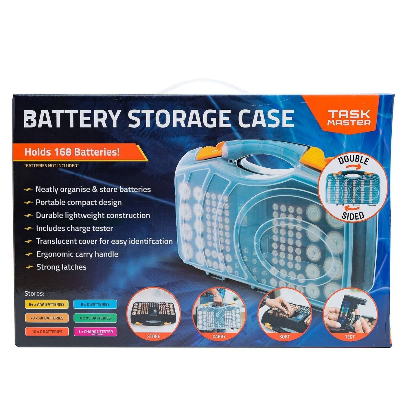 Taskmaster Double Sided Battery Storage Case Includes Universal Battery Tester