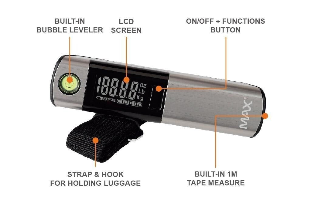 Electronic Portable Digital Luggage Scale 50K Travel Tape Measure Built-in Level