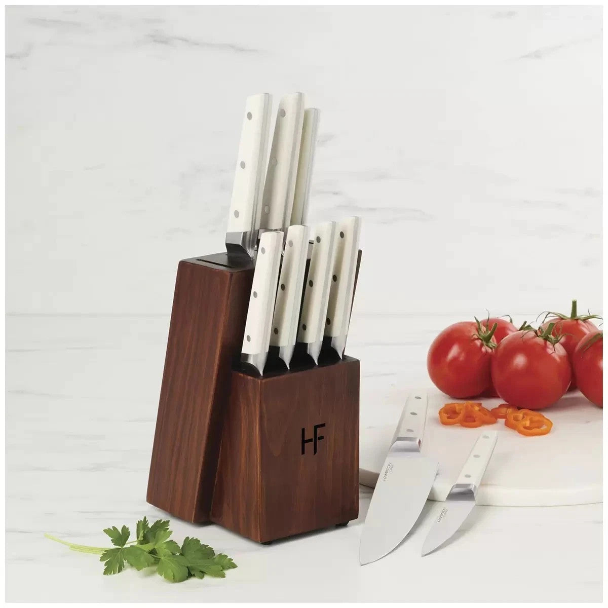 Hampton Forge Aero 10pc Knife Block Set White | Forged Stainless Steel Blades