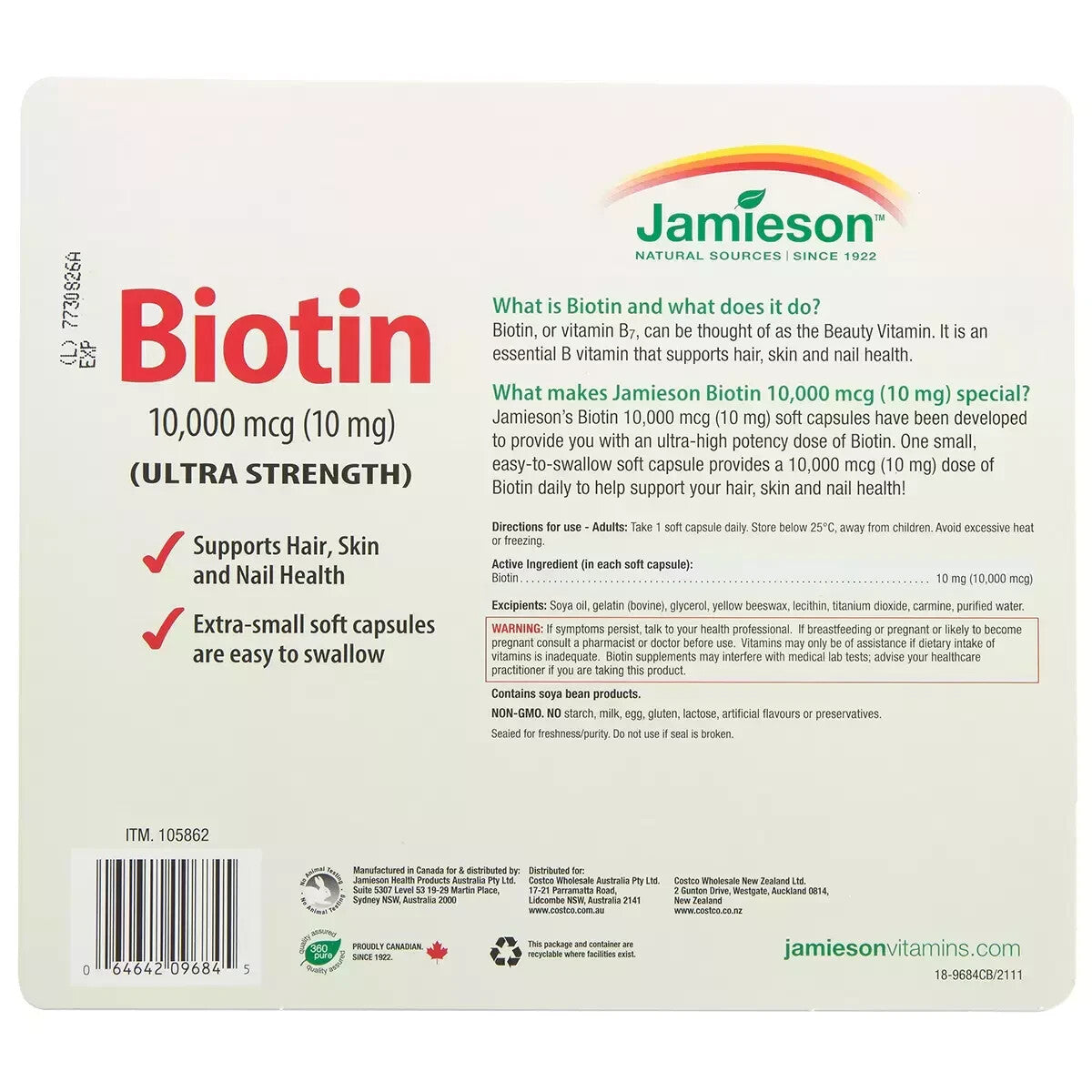 Jamieson Biotin 10,000mcg 120 Capsules