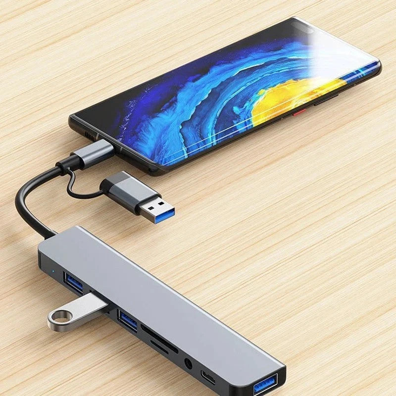 8 in 2 USB A + Type C HUB Docking Station with 3.5mm Audio Jack Adapter Micro SD