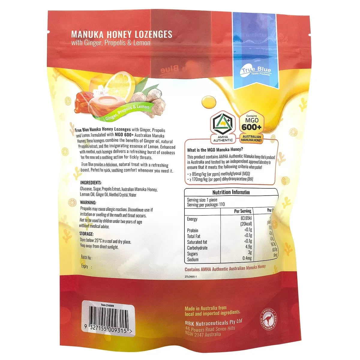 True Blue Manuka Honey Lozenges With Ginger, Propolis And Lemon 600g