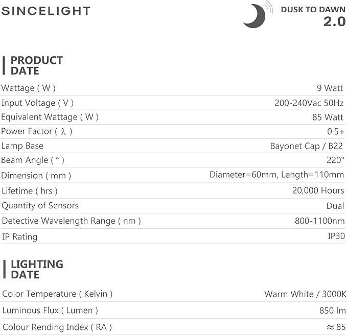 SINCELIGHT 9W B22 Dusk to Dawn Outdoor LED Lights Sensor Bulbs Auto On/Off Lamps