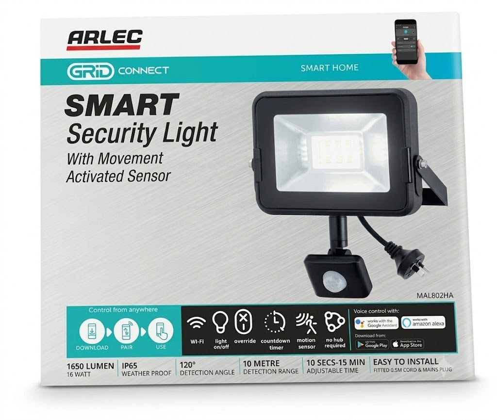 Arlec 16W 1600lm Grid Connect Smart LED Security Flood Light Movement Sensor