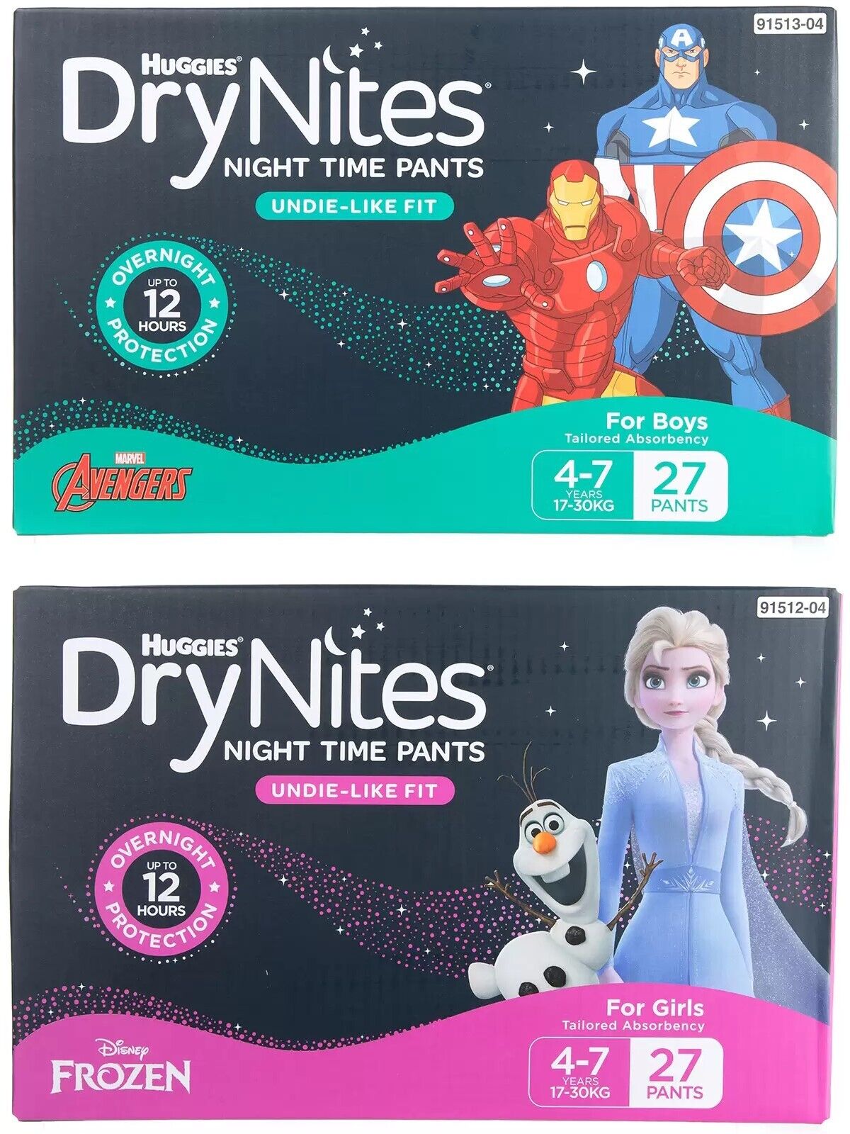 Huggies DryNites Sleeping Night Time 27 Pants X 2 (4-7 Years) Boy Girl