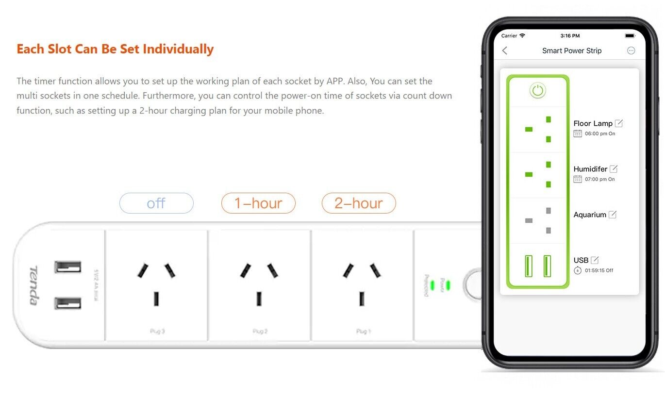 Tenda SP15 Wi-Fi Smart power Board Strip 3 outlets +2 USB Google Assistant Alexa