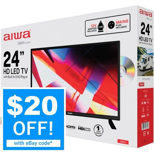 Aiwa 24" 12v In Car or 240V Home Digital HD TV LED LCD With Built In DVD Player