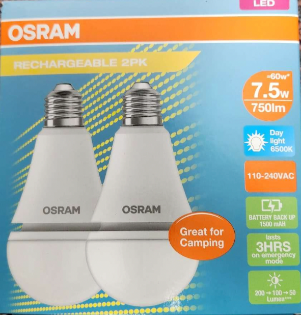 Osram 7.5W E27 LED Rechargeable Lamp 750 lumens Day Light Home Camping 2 Pack