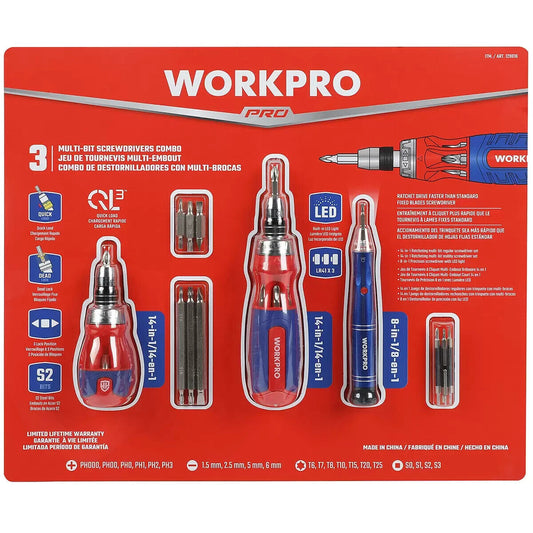 Workpro Multi-bit Ratcheting Stubby Torx Phillips Screwdriver Tool Set LED Light