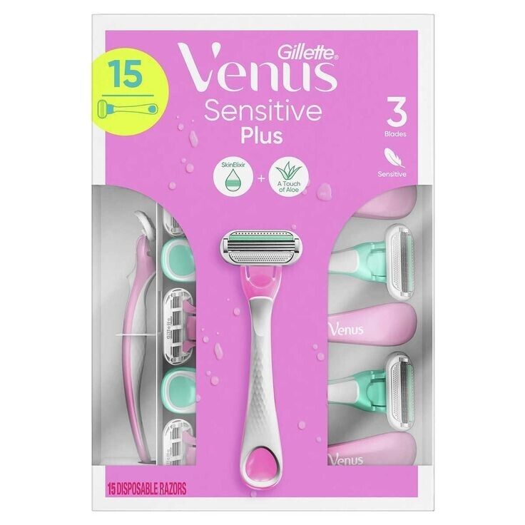 Gillette Venus Sensitive Plus Disposable Razors 15 Pack 3 Blades Skin Elixir