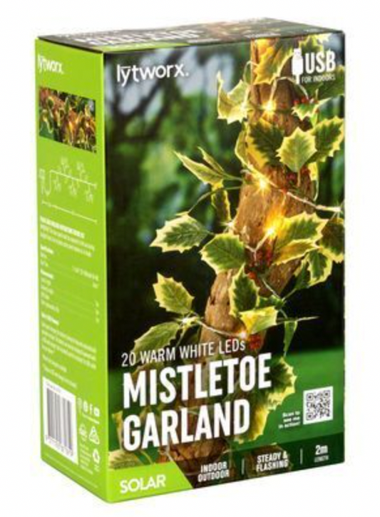 Lytworx Warm White LEDs USB Mistletoe Garland Indoor Outdoor Steady Flashing 2m